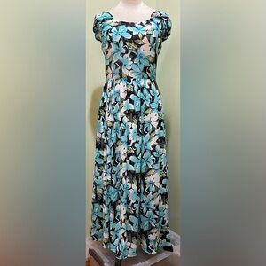 NWOT Retro Aqua Floral Swing Dress | Caplet Sleeves, Side Zip, Lined. Pin-Up 50s